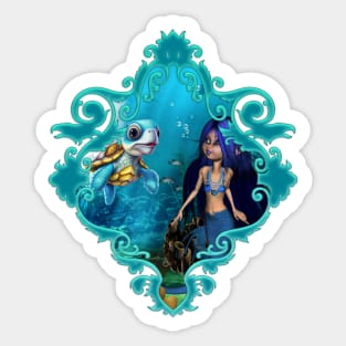 Sweet mermaid playing with cute turtle Sticker